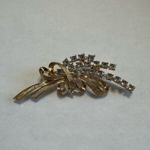 Gold Ribbon Bow Brooch with Clear Rhinestones